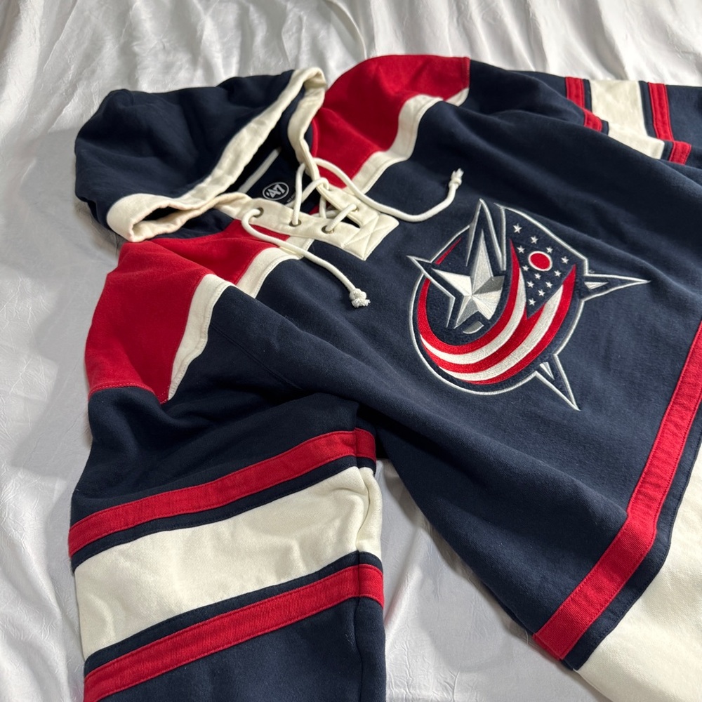 CBJ NHL Columbus Blue Jackets Hockey Lace-Up Jersey Hoodie '47 Brand XXL